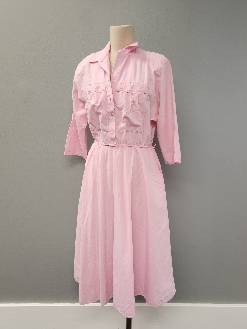 Vintage Stuart Alan Petites Pink Cotton Midi Shirt Dress Elastic Waist - Picture 2 of 10